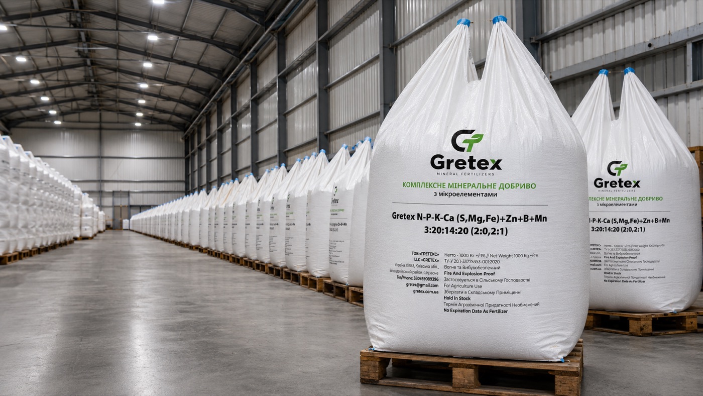 Склад заводу: ряди біг-бегів Gretex на палетах