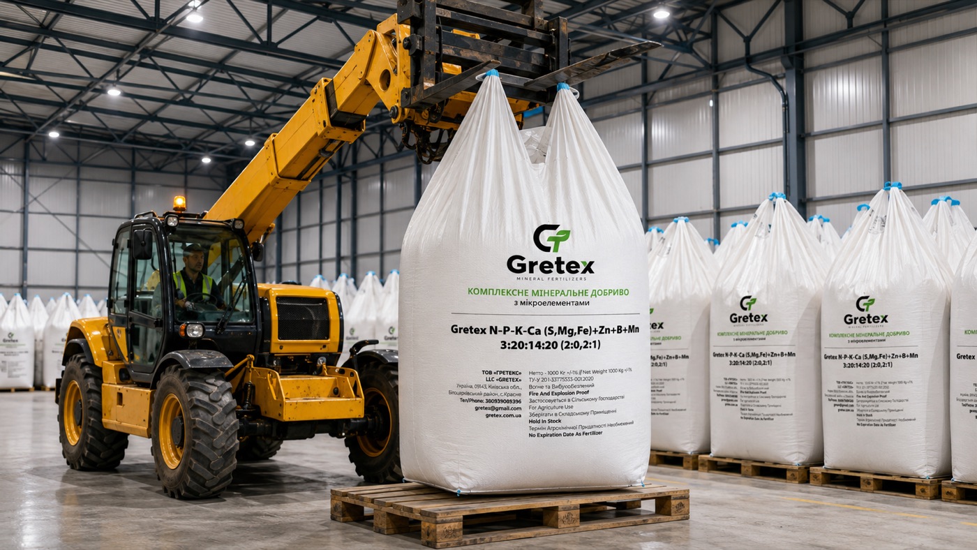 Навантажувач переміщує біг-бег Gretex на складі заводу